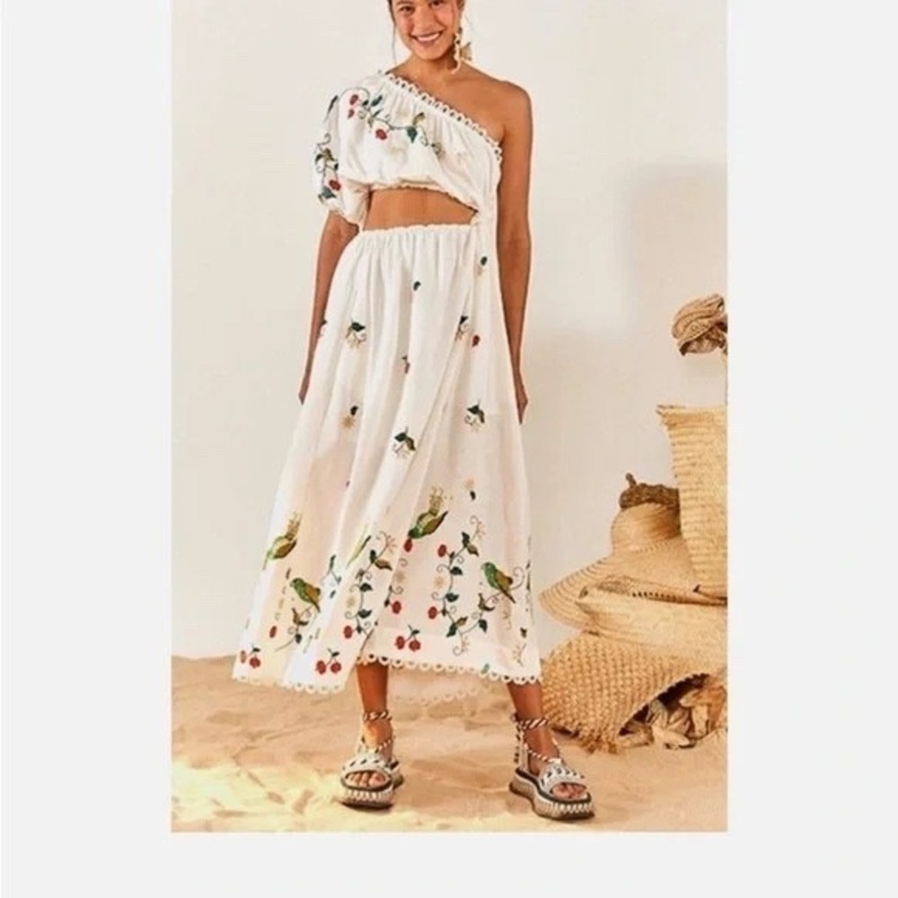 FARM Rio Embroidered Parrot Drawstring Skirt Womens XS Mini White